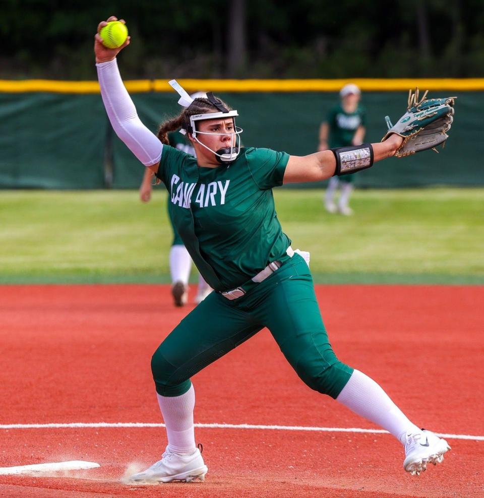 Calvary sophomore Kynzee Anderson pitched a perfect game against Beekman Charter Tuesday night in the 2024 LHSAA Select Division III playoffs.