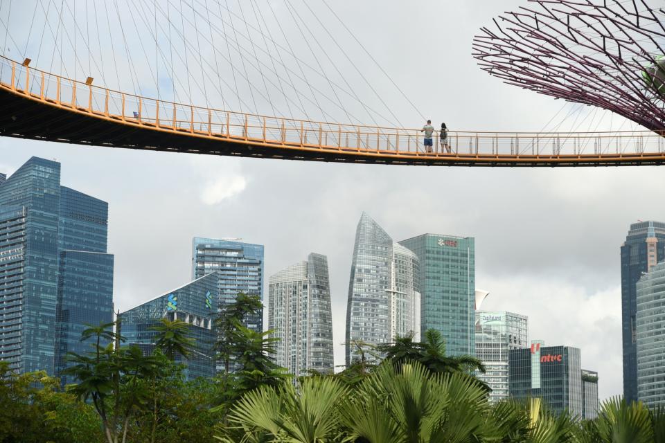 The skyline from the walkway of the Garden by the Bay's Supertree Grove in Singapore. Photographer: Roslan Rahman/AFP/Getty Images