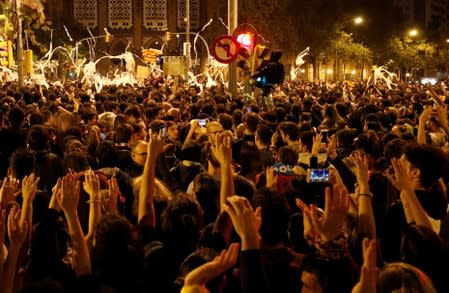 Separatists protest after a verdict in a trial over a banned Catalonia's independence referendum in Barcelona