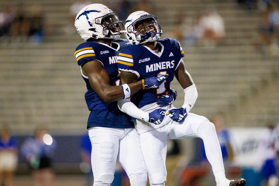 UTEP Miners cornerback AJ Odums (1) reacts after nearly intercepting the ball against the Louisiana Tech Bulldogs offense during the first half at Sun Bowl Stadium in El Paso, Texas, Friday, September 29, 2023.