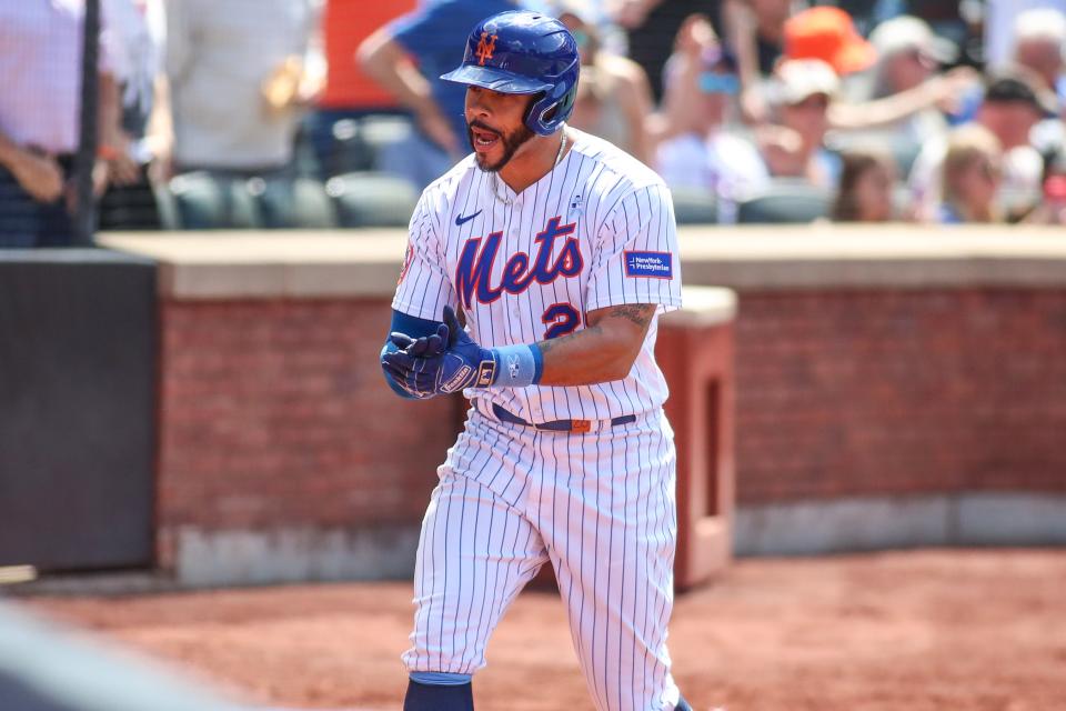 New York Mets designated hitter Tommy Pham (28) celebrates after hitting a two run home run in the fifth inning on June 18, 2023, against the St. Louis Cardinals at Citi Field.