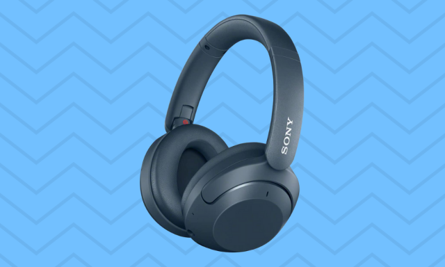 navy blue wireless over-ear Sony headphones