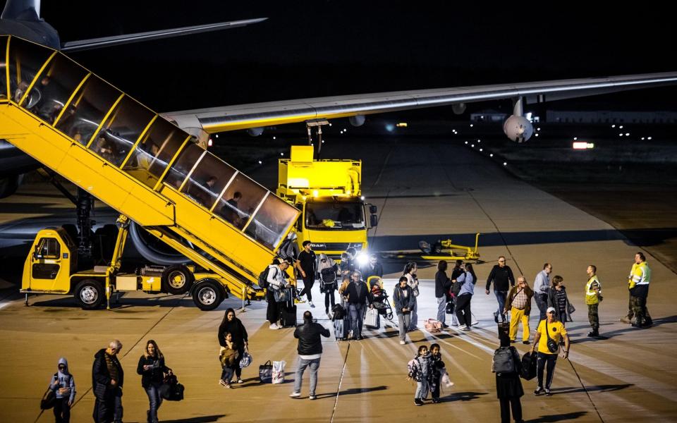 A military aircraft, the Multi Role Tanker Transport aircraft, arrives at Eindhoven Air Force Base with evacuees from Beirut