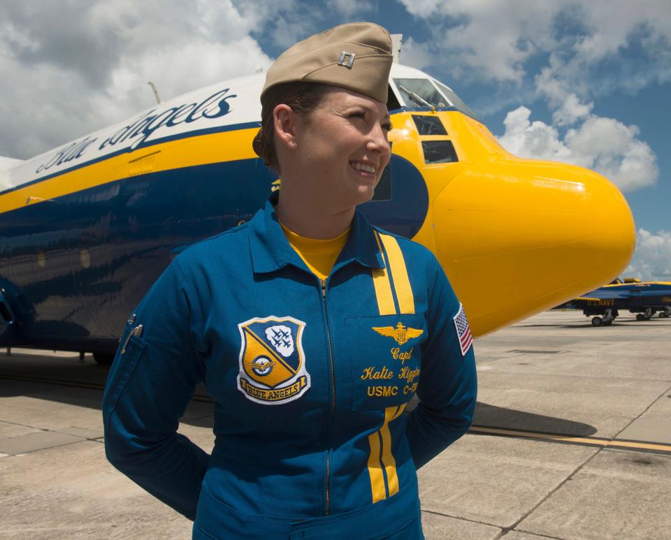 U.S. Marine Corps Maj. Katie (Higgins) Cook talks in July 2016 about her experiences flying Fat Albert and being a member of the Blue Angels during a press conference