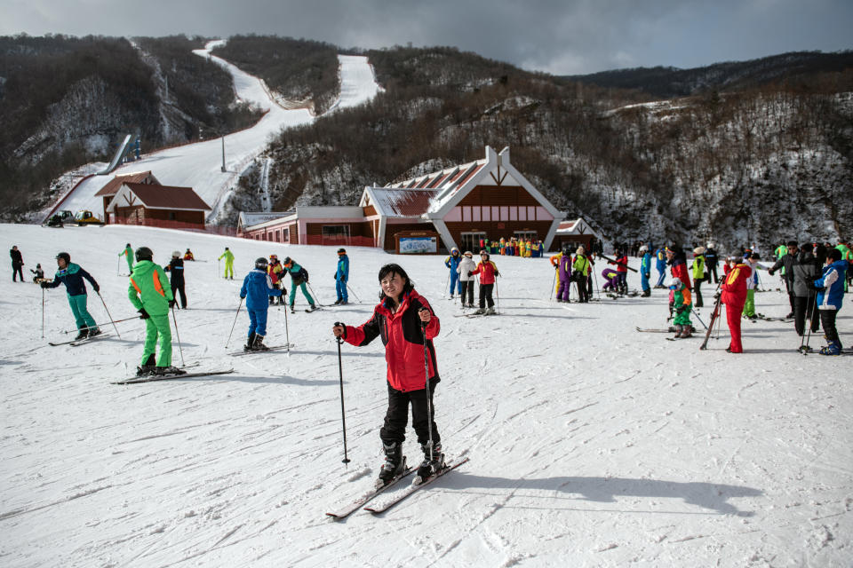 People ski on a lower slope at Masikryong Ski Resort on Feb. 5, near Wonsan, North Korea.