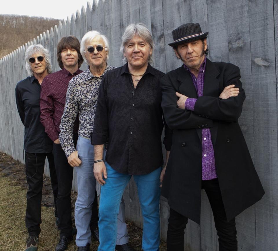 The current lineup for the famed Yardbirds rock group, including original drummer Jim McCarty (center) will start a new tour Saturday, Sept. 17 at the Music Room in West Yarmouth.