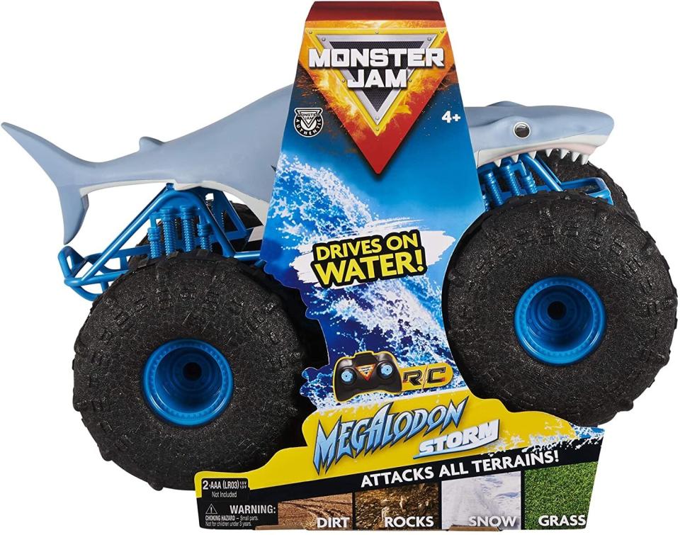 <a href="https://amzn.to/3mAghLH" target="_blank" rel="noopener noreferrer">This toy</a> has a water-resistant design and tires so kids can drive it through water. It comes with a controller (but no batteries) and is rechargeable with a USB. <a href="https://amzn.to/3mAghLH" target="_blank" rel="noopener noreferrer">Find it for $44 at Amazon</a>.