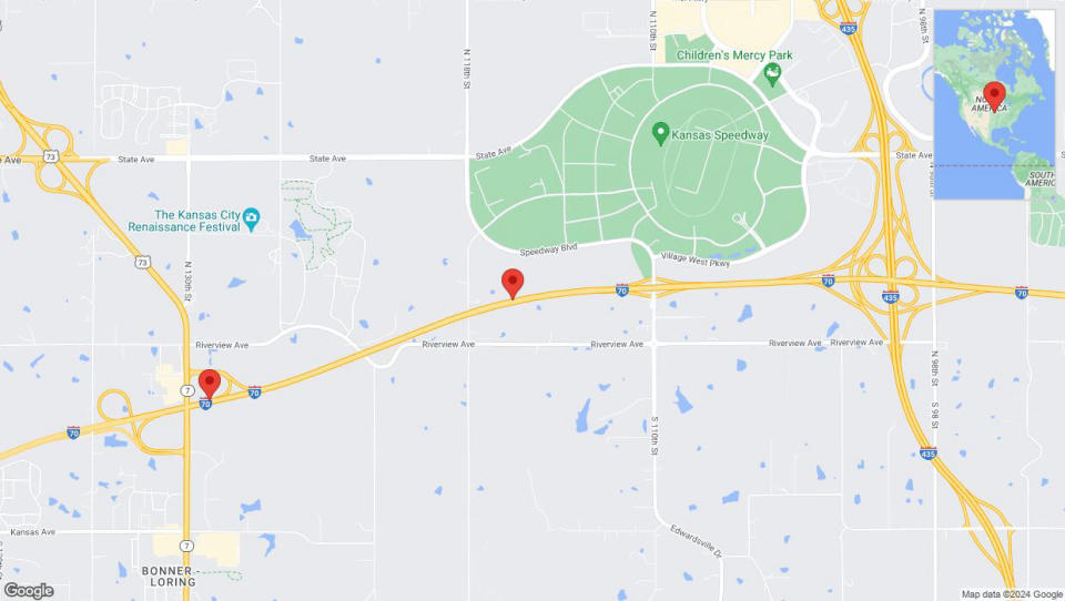 A detailed map that shows the affected road due to 'Heavy rain prompts traffic advisory on westbound I-70 in Bonner Springs' on May 6th at 10:45 p.m.