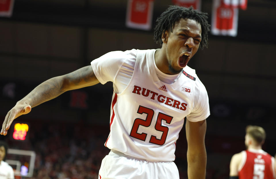 Rutgers guard Jeremiah Williams (25) reacts after Wisconsin turnover during the first half of an NCAA college basketball game, Saturday, Feb. 10, 2024, in Piscataway, N.J. (AP Photo/Noah K. Murray)