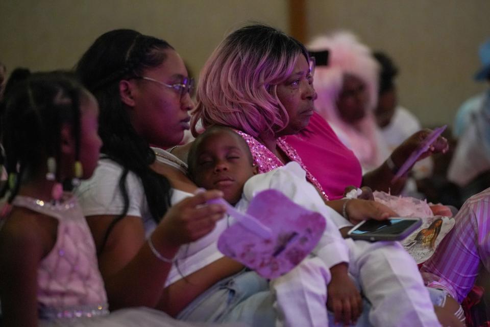 Sep 7, 2023; Columbus, Ohio, USA; Family and friends mourn the loss of Ta'Kiya Young and her unborn daughter who died Aug. 24 after a Blendon TownshipÂ police officer shotÂ Young through the windshield of a car in the Kroger parking lot, on Sunbury Road.