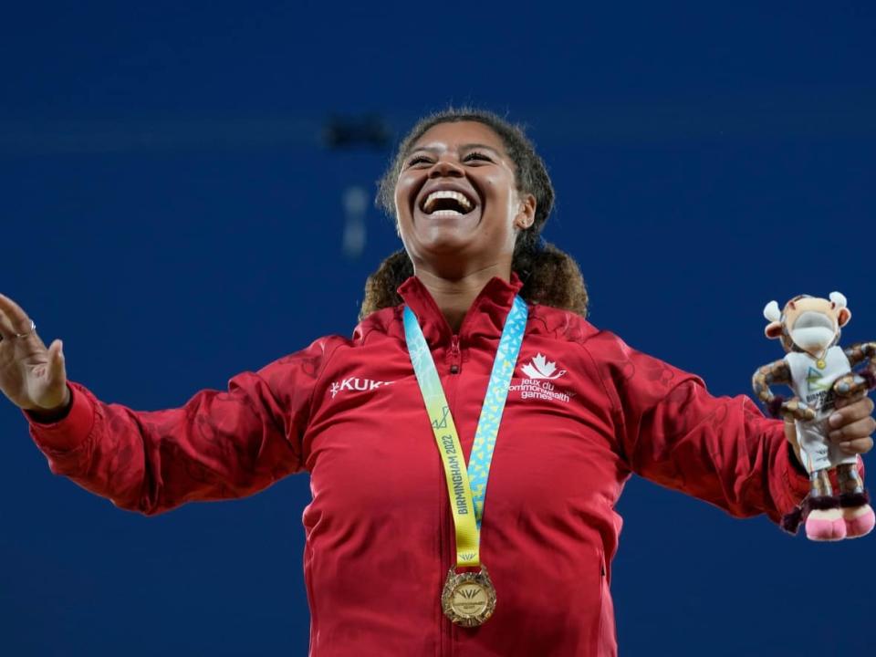 Camryn Rogers broke her own Canadian record twice in the last two months, continuing to impress in her promising career that saw her crack the top five at the Tokyo Olympics and win a Commonwealth title, which she is seen celebrating above. (Alastair Grant/The Associated Press - image credit)