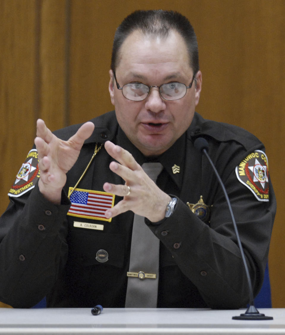 FILE - Manitowoc County Sheriff's Sgt. Andrew Colborn testifies during Steven Avery's murder trial at the Calumet County Courthouse on Feb. 20, 2007, in Chilton, Wis. The retired Wisconsin detective has lost a defamation lawsuit Friday, March 10, 2023, against streaming giant Netflix over his portrayal in the 2015 documentary series “Making a Murderer.” (AP Photo/Corey Wilson, Pool, File)