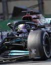 Mercedes' Lewis Hamilton steers his car during the Brazilian Formula One Grand Prix at the Interlagos race track in Sao Paulo, Brazil, Sunday, Nov. 14, 2021. (AP Photo/Andre Penner)