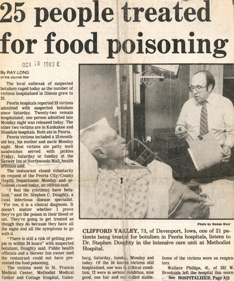 This Journal Star article published on Tuesday, Oct. 18, 1983 details the aftermath of a severe botulism outbreak over the previous weekend at the former Skewer Inn at Northwoods Mall.
