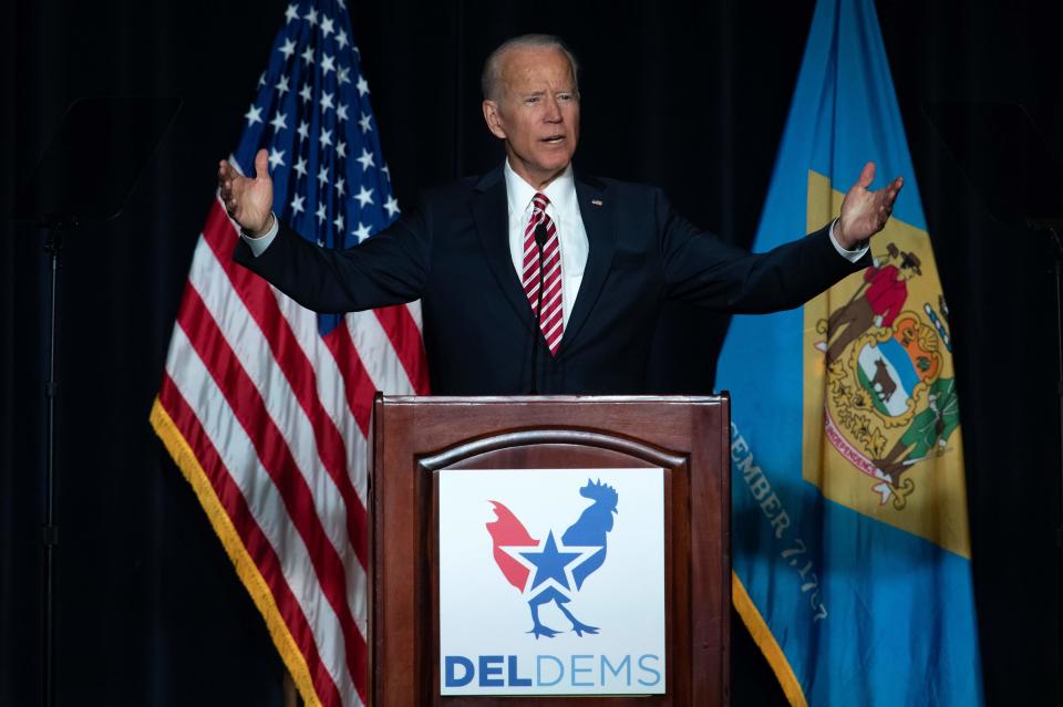 Former Vice President Joe Biden speaks during the First State Democratic Dinner in Dover, Delaware, on March 16, 2019.