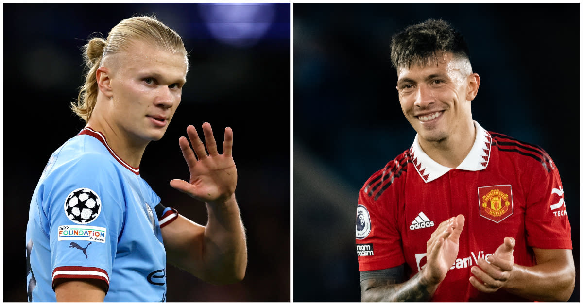 Manchester City striker Erling Haaland (left) will face Manchester United defender Lisandro Martinez in the weekend derby. (PHOTO: Reuters/Getty Images)