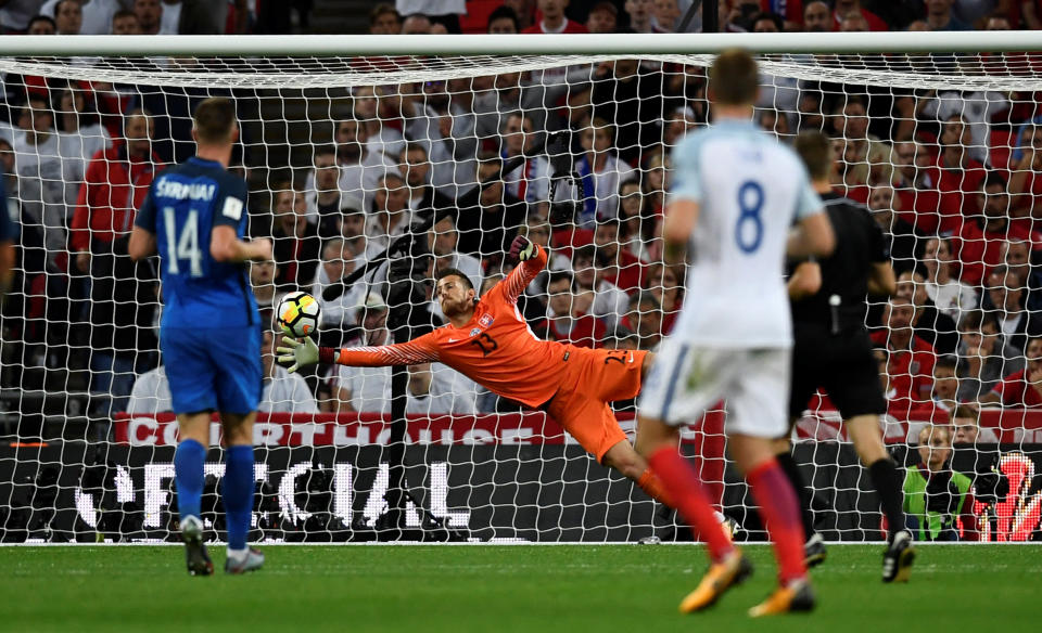<p>Soccer Football – 2018 World Cup Qualifications – Europe – England vs Slovakia – London, Britain – September 4, 2017 England’s Marcus Rashford scores their second goal REUTERS/Dylan Martinez </p>