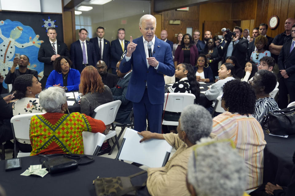 President Joe Biden meets with campaign volunteers at the Dr. John Bryant Community Center, Wednesday, May 8, 2024, in Racine, Wis. (AP Photo/Evan Vucci)