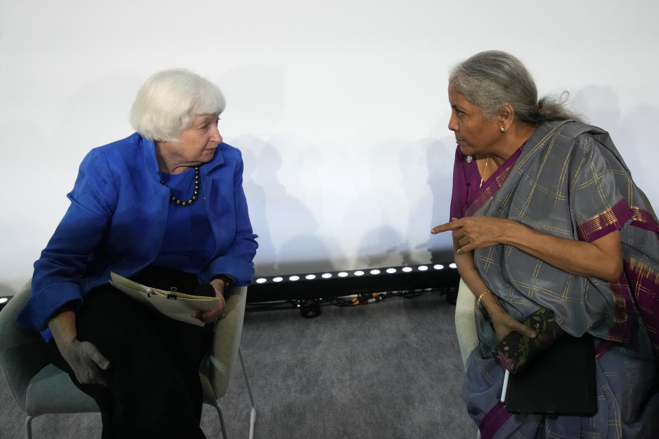 FILE - Indian Finance Minister Nirmala Sitharaman talks with U.S. Treasury Secretary Janet Yellen at the Global Climate Finance summit, Thursday, June 22, 2023 in Paris. (AP Photo/Christophe Ena, File)