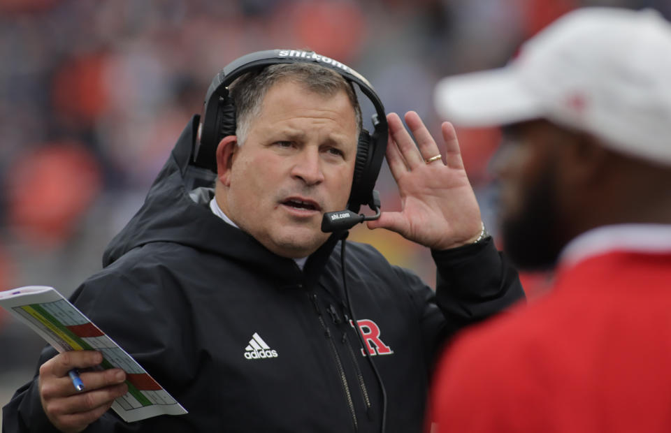 Oct 30, 2021; Champaign, Illinois, USA; Rutgers Scarlet Knights head coach Greg Schiano in the first half against the Illinois Fighting Illini at Memorial Stadium. Mandatory Credit: Ron Johnson-USA TODAY Sports