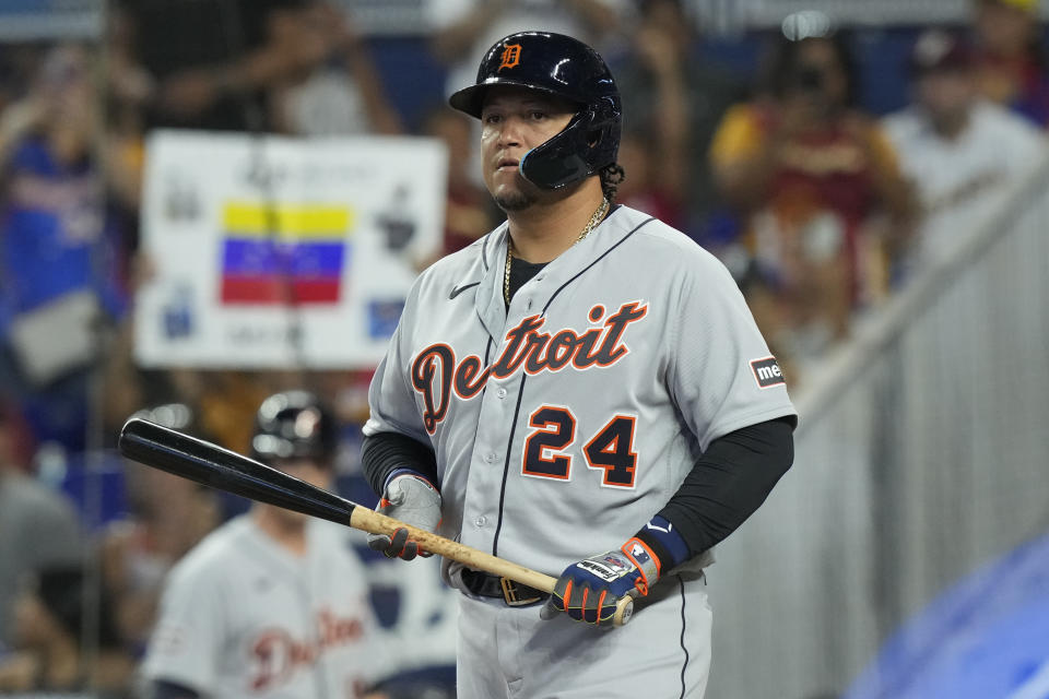 Detroit Tigers designated hitter Miguel Cabrera (24) waits his turn to bat during the second inning of a baseball game against the Miami Marlins, Saturday, July 29, 2023, in Miami. (AP Photo/Marta Lavandier)
