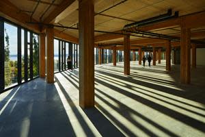 The project sets a new precedent in the region for the use of renewable and sustainable construction methods. The building is a model of sustainable design, using carbon-sequestering mass timber with raw materials sourced from the forests of the Pacific Northwest. The structural floor and roof panels are prefabricated DLT panels. The panels were manufactured with hardwood dowels instead of glue, and their all-wood composition makes them sustainable and ideal for improved air quality and comfort. © Adam Hunter/LMN Architects.