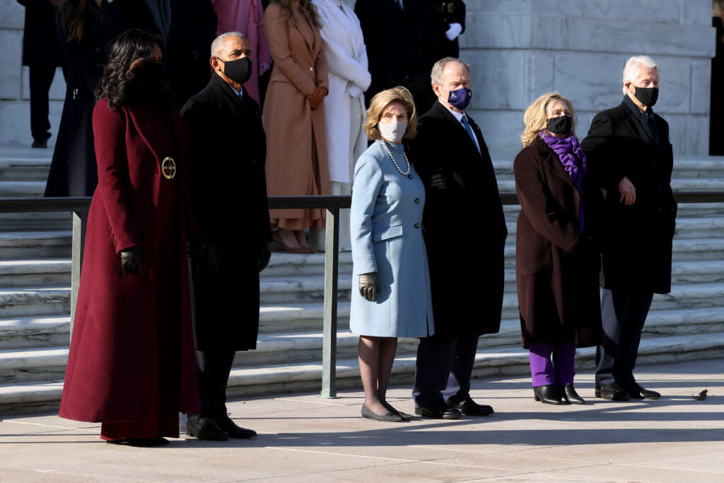 Former U.S. President Barack Obama, Michelle Obama, and former U.S. President George W. Bush and Laura Bush, and former U.S. President Bill Clinton and former Secretary of State Hillary Clinton attend a wreath-laying ceremony at the Tomb of the Unknown Soldier after the President Joe Biden’s Presidential Inauguration at the U.S. Capitol January 20, 2021 at Arlington National Cemetery in Arlington, Virginia. During today’s inauguration ceremony Joe Biden becomes the 46th president of the United States. (Photo by Chip Somodevilla/Getty Images)