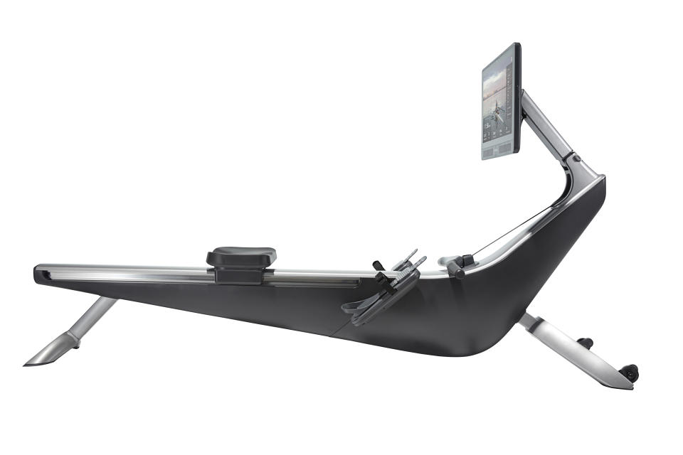 This image provided by Hydrow shows the Hydrow rowing machine that offers a Peloton-like screen experience and high design. The rower uses an electromagnetic fabric strip as the drag mechanism to simulate the pull of water. (Hydrow via AP)