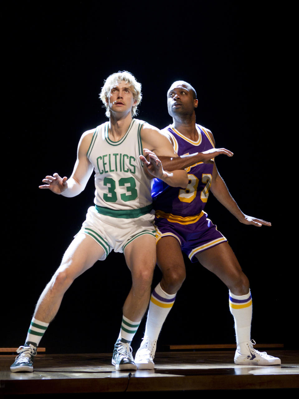 This undated publicity image provided by Kirmser/Ponturo Group, LLC shows Tug Coker, as Larry Bird, left, and Kevin Daniels, as Earvin "Magic" Johnson, in a scene from "Magic/Bird," a new play opening on Broadway on Wednesday, April 10, 2012. (AP Photo/Kirmser/Ponturo Group, LLC, Joan Marcus)