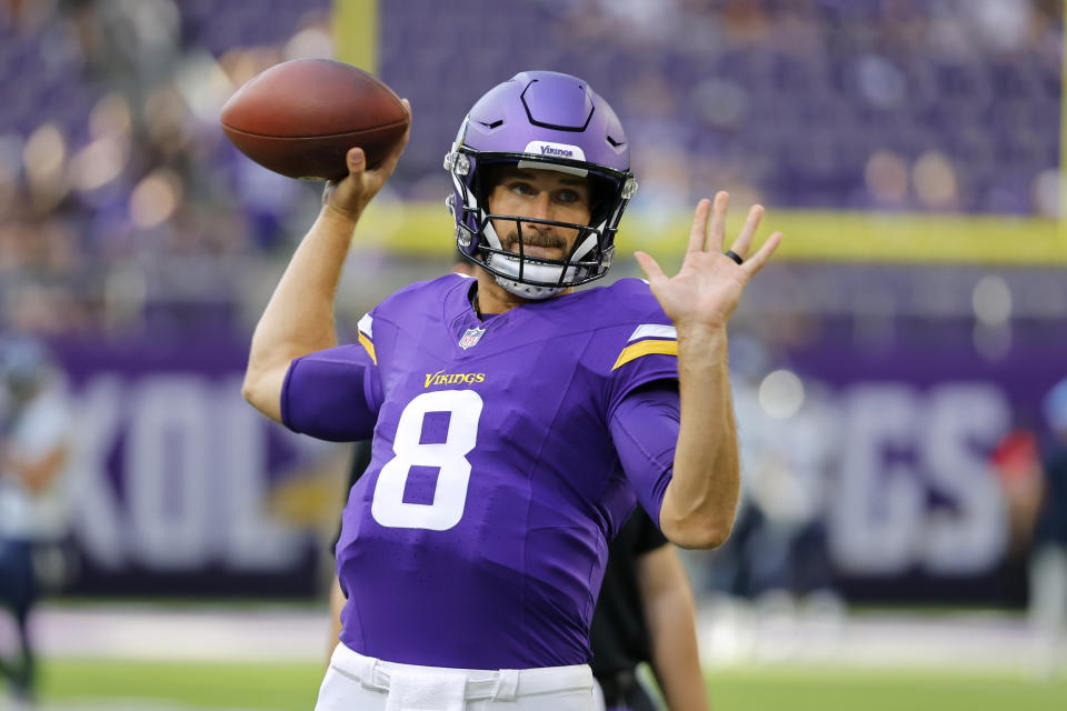 Minnesota Vikings quarterback Kirk Cousins warms up for the team's preseason NFL football game against the Tennessee Titans, Saturday, Aug. 19, 2023, in Minneapolis. (AP Photo/Bruce Kluckhohn)