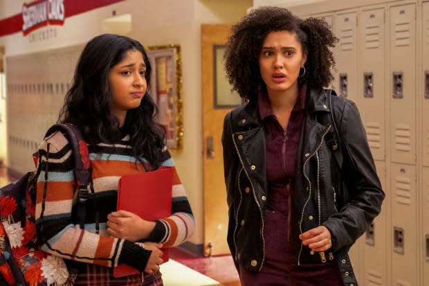 "Look at all these zippers! Some don't even come with pockets." Devi (<em>Ramakrishnan) and Fabiola (Rodriguez) in season two of 'Never Have I Ever.'</em>