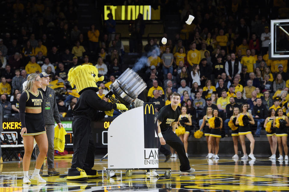 Wichita State University’s mascot is described by the website as ‘a big, bad, muscle-bound bundle of wheat’. How very intimidating.