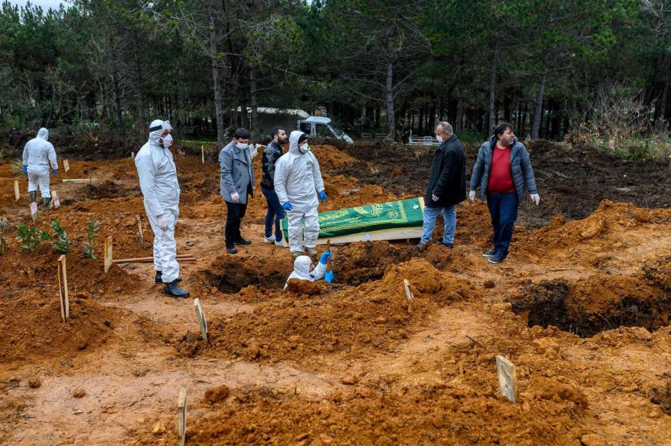 Officers and relatives prepare to bury a person who died from the coronavirus on March 27.