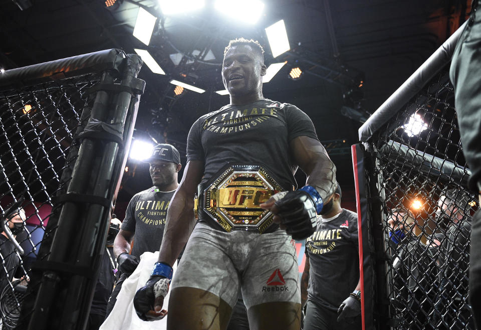 LAS VEGAS, NEVADA - MARCH 27: Francis Ngannou of Cameroon reacts after his victory over Stipe Miocic in their UFC heavyweight championship fight during the UFC 260 event at UFC APEX on March 27, 2021 in Las Vegas, Nevada. (Photo by Chris Unger/Zuffa LLC)