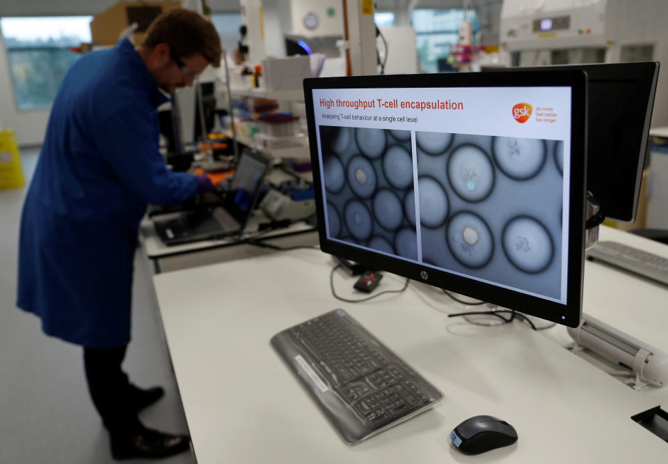 A scientist studies cancer cells inside white blood cells through a microscope at the GlaxoSmithKline (GSK) research centre in Stevenage, Britain November 26, 2019.  REUTERS/Peter Nicholls