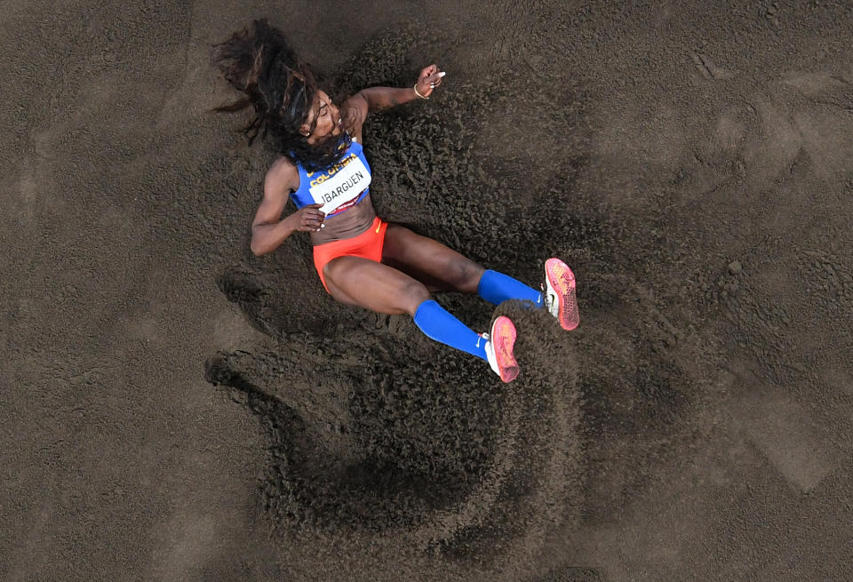 <p>Colombia's Katerine Ibarguen competes in the women's triple jump qualification on July 30.</p>