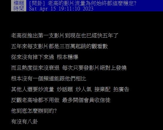 老高每部影片都「300萬觀看」流量超穩　鄉民揭2關鍵：無人能敵