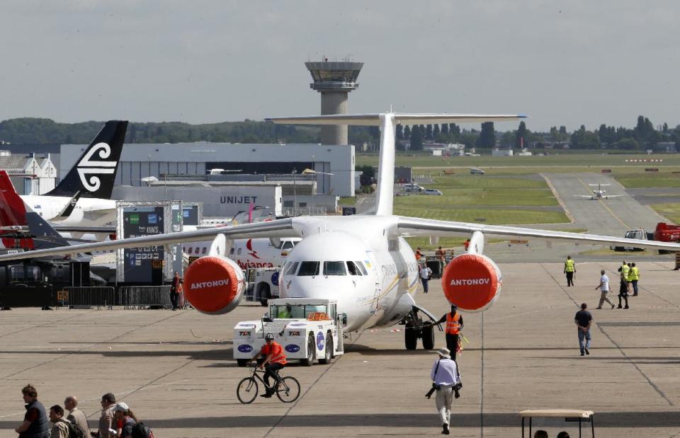 A Russian Antonov158 a passenger plane, arrives on the tarmac for the Paris Air Show in le Bourget, North of Paris, Sunday, June 16, 2013. The Paris Air Show will open on June 17 at Le Bourget. (AP Photo/Jacques Brinon)