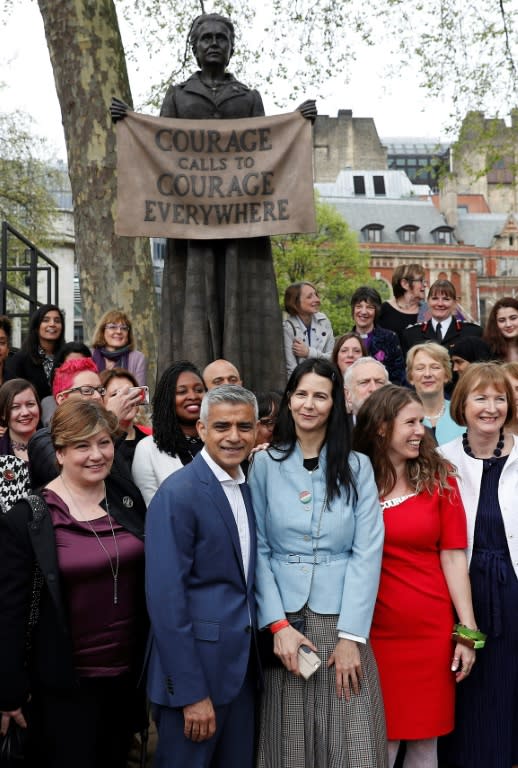 British artist Gillian Wearing (centre R) attended with Mayor Sadiq Khan (centre L) and British journalist and campaigner Caroline Criado Perez (3R) for the unveiling of her sculpture