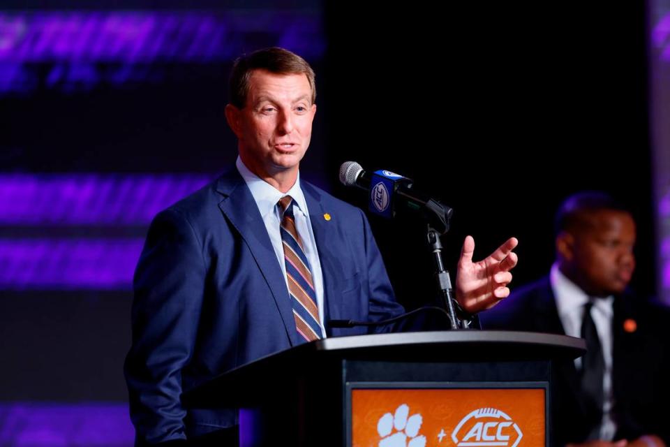 Clemson head coach Dabo Swinney speaks at the 2023 ACC Kickoff in Charlotte, N.C., Thursday, July 27, 2023. (Photo by Nell Redmond/ACC)