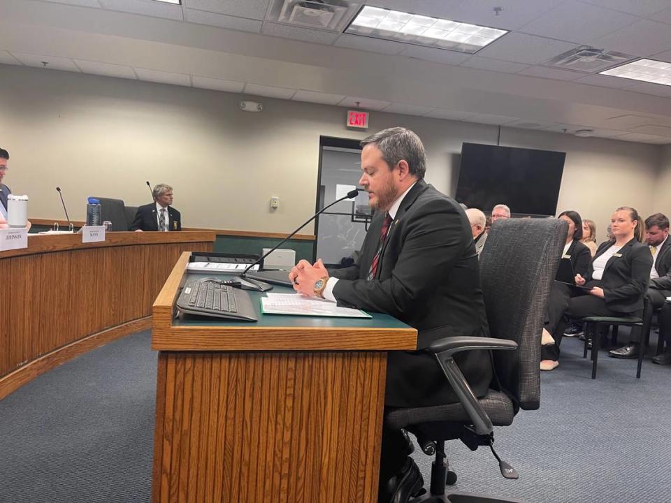 Missouri state Rep. Brad Hudson, a Cape Fair Republican, speaks to a House committee about his bill that would make a ban on gender-affirming care permanent.