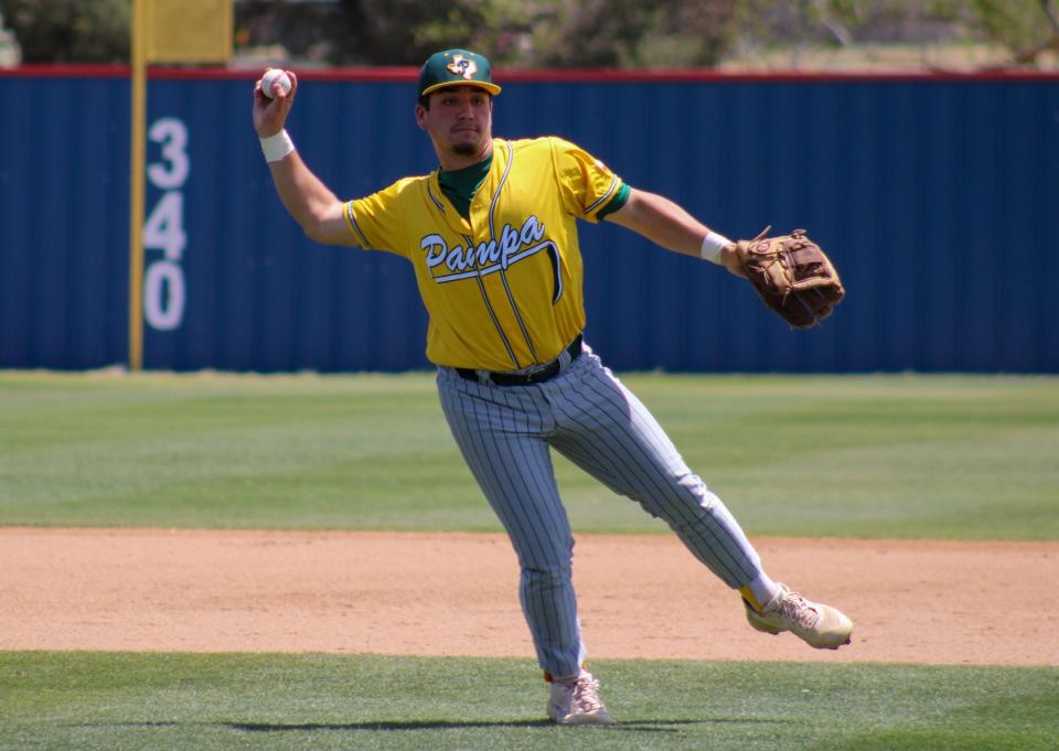 Pampa's Sam Anguiano fires to first during a Class 2A bi-district baseball series on Saturday at Broadway Park in Plainview.