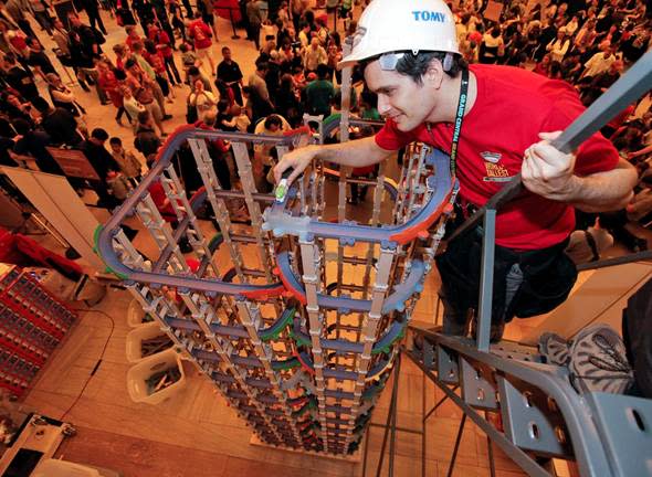 Tallest toy train track: TOMY International achieved the title by constructing a 17 foot, 4 inch tower of Chuggington StackTrack at Grand Central Terminal in NYC on Saturday. The tower featured nearly 1,000 Chuggington StackTrack pieces with more than 140 spiraling turns, and took more than 5 hours to construct.