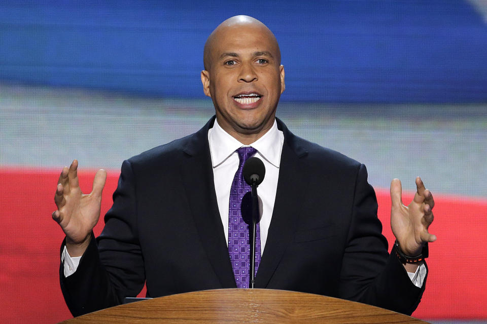 Newark Mayor Cory Booker addresses the Democratic National Convention in Charlotte, N.C., on Tuesday, Sept. 4, 2012. (AP Photo/J. Scott Applewhite)