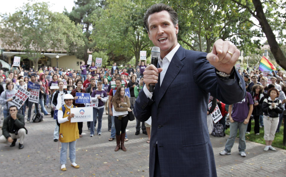 FILE - San Francisco Mayor Gavin Newsom speaks during a rally against California Proposition 8 on the Stanford University campus in Palo Alto, Calif., Monday, Nov. 3, 2008. California lawmakers are going to try to introduce legislation Tuesday, Feb. 14, 2023, to officially repeal a 15-year-old voter initiative meant to ban same-sex marriage in the state. (AP Photo/Paul Sakuma, File)