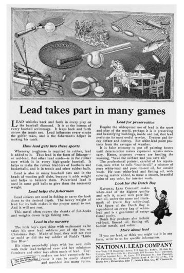 An advertisement for the National Lead Company, 1923.<br><a href="https://books.google.com/books?id=t1vFidPTWjAC&pg=PA76&lpg=PA76&dq=%E2%80%9CThis+famous+Dutch+Boy+Lead+of+mine+can+make+this+playroom+fairly+shine&source=bl&ots=pZKje6RS4G&sig=KmfrUMa_uzxiYsgcfWQc9oC6BQc&hl=en&sa=X&ved=0ahUKEwigrfa5vuvKAhXDTCYKHXYQBPgQ6AEIHTAA#v=onepage&q=%E2%80%9CThis%20famous%20Dutch%20Boy%20Lead%20of%20mine%20can%20make%20this%20playroom%20fairly%20shine&f=false" rel="nofollow noopener" target="_blank" data-ylk="slk:(Deceit and Denial: The Deadly Politics of Industrial Pollution /;elm:context_link;itc:0;sec:content-canvas" class="link "><em>(Deceit and Denial: The Deadly Politics of Industrial Pollution / </em></a>CityLab)