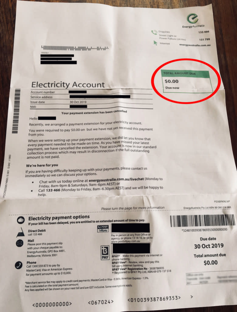 Pictured is the power bill from Energy Australia. Source: 3AW.