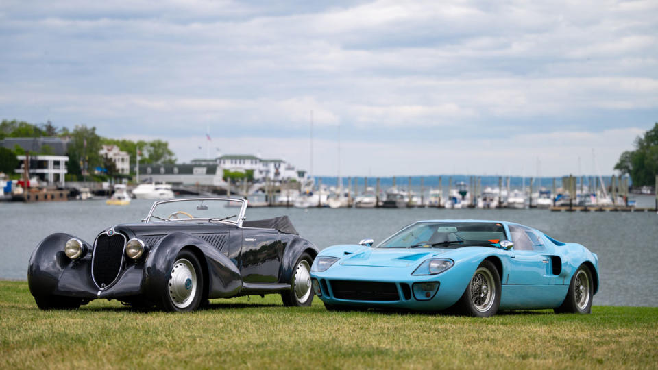 A 1937 Alfa Romeo 8C 2900 B (left) and a 1965 Ford GT40 Mk I (right) won Best of Show in the Concours d'Elegance and Concours de Sport categories, respectively, at the 2023 Greenwich Concours.