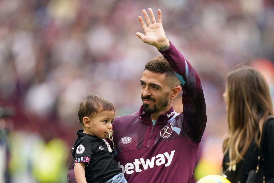 On the move: Manuel Lanzini waved goodbye to West Ham fans after his final home outing (PA)