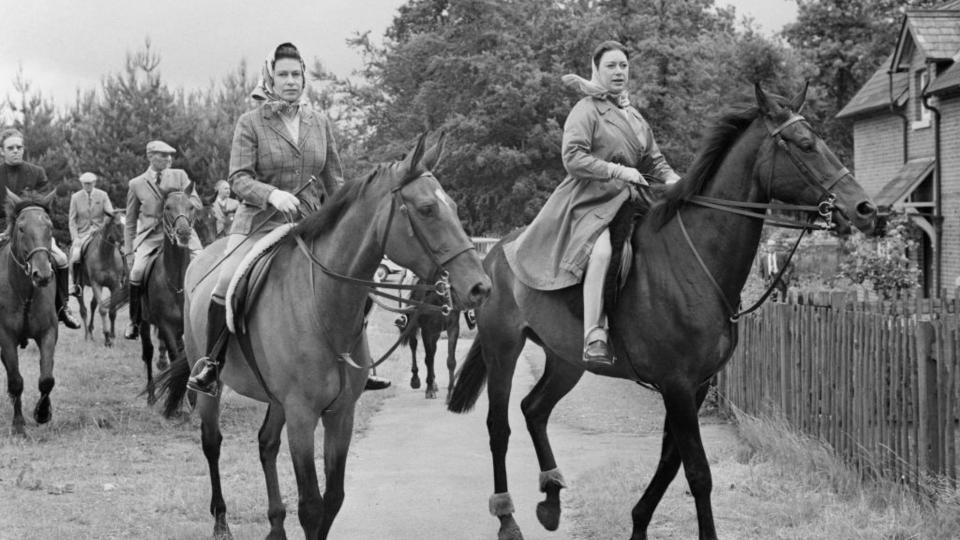 Queen Elizabeth II and Princess Margaret out riding at Ascot, 20th June 1969.